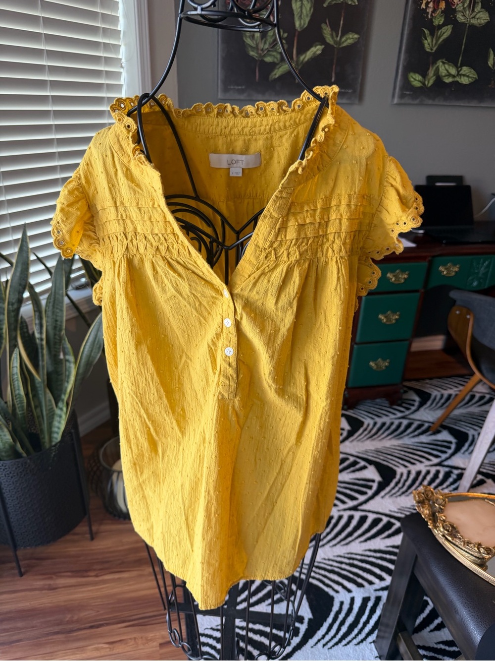 LOFT Yellow Eyelet Ruffle Split-Neck Blouse - Picture 5 of 8